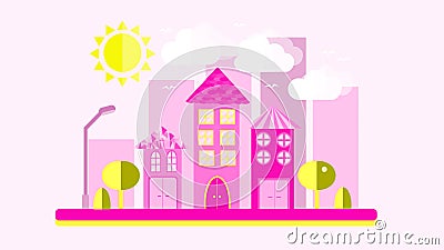 Pink with yellow urban landscape in a flat style. The city with houses with sloping roof and various beautiful tiles with a lanter Vector Illustration