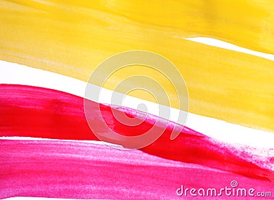 Pink and yellow water color paint on white paper. Stock Photo