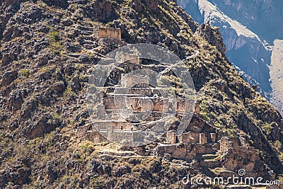 Pinkuylluna Inca Storehouses ruins near Ollantaytambo - Ollantaytambo, Sacred Valley, Peru Stock Photo