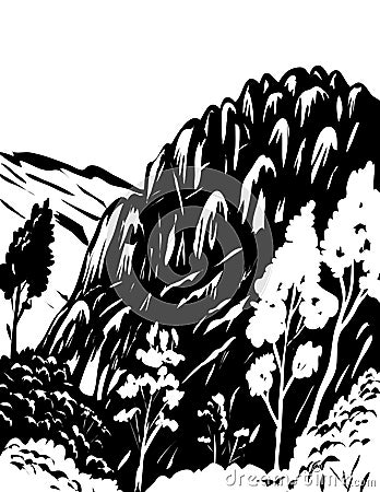 Pinnacles National Park Located East of Salinas Valley in California USA WPA Black and White Art Vector Illustration