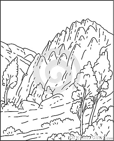 Pinnacles National Park of the Salinas Valley in Central California Mono Line Art Cartoon Illustration