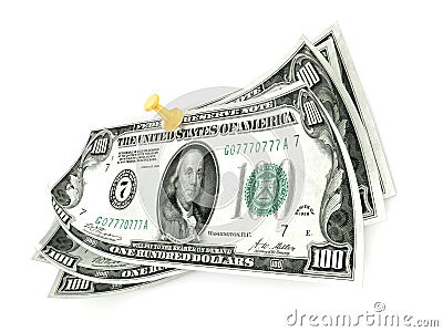 Pinned one hundred dollar bills on white background. 3D render Cartoon Illustration