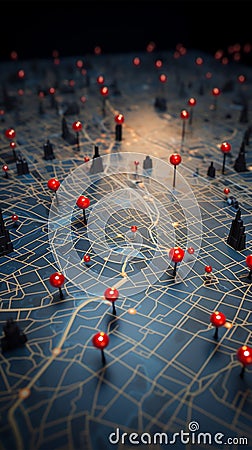 Pinned paths Conceptual city map, marked with vivid red pins Stock Photo