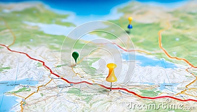 Pinning a location on a map of geography that includes mountains Stock Photo