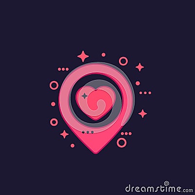 Pinpoint with heart, dating icon on dark Vector Illustration