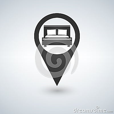 Pinpoint hotel accommodation, map point isolated icon with bed symbol, illustration. Cartoon Illustration