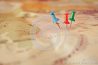 Pins attached to map, showing location or travel destination Stock Photo