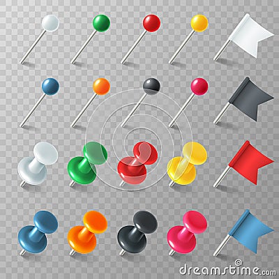 Pins flags tacks. Colored pointer marker pin flag tack pinned board pushpin organized announcement, realistic vector set Vector Illustration