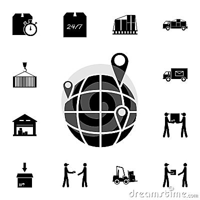 pins on the globe icon. Detailed set of logistic icons. Premium quality graphic design icon. One of the collection icons for websi Stock Photo