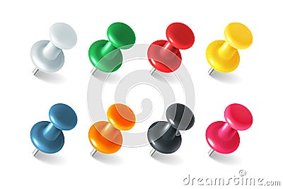 Pins tacks. Realistic pushpins. Isolated map markers. 3D pointer. Thumbtacks set for attaching reminders to note board Vector Illustration