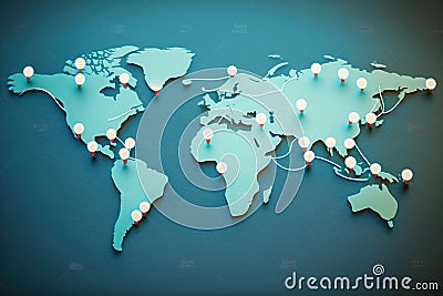 pins on a world map with flights connexions Stock Photo