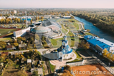 Pinsk, Brest Region Of Belarus, In The Polesia Region. Pinsk Cityscape Skyline In Autumn Morning. Bird`s-eye View Of Stock Photo