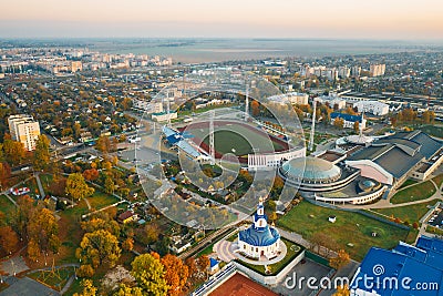 Pinsk, Brest Region Of Belarus, In The Polesia Region. Pinsk Cityscape Skyline In Autumn Morning. Bird`s-eye View Of Stock Photo