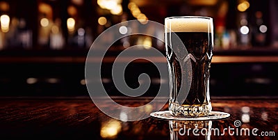 Pint of bitter craft stout beer on bar counter in evening.Space for text.AI Generative Stock Photo