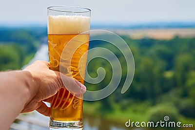 Pint of Czech beer on a terrace in Melnik, Czech Republic Editorial Stock Photo