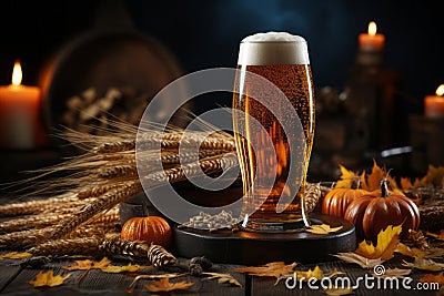 A pint of foaming beer in a glass, ears of barley on a blurred autumn background Stock Photo