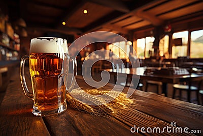 A pint of foaming beer in a glass, ears of barley on a table in a beer bar Stock Photo