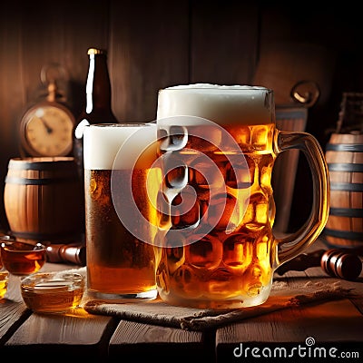 Pints full of beer in a pub, ultra realistic ai Stock Photo