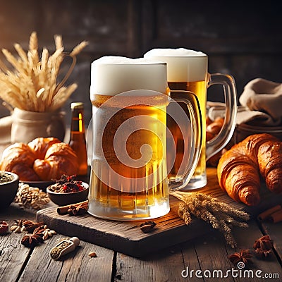 Pints full of beer in a pub, ultra realistic ai Stock Photo