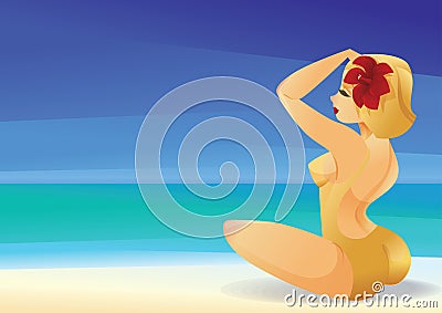 Pinup curvy blonde girl on ocean shore Vector Illustration