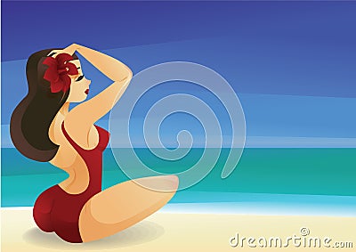 Pinup curvy brunette girl on ocean shore decorates its hair with Vector Illustration