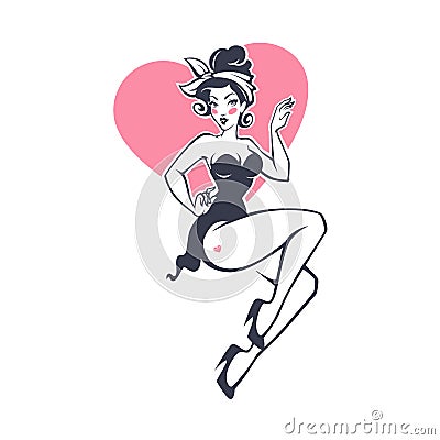 pinup girl onheart shape background for youe logo, label, print, emblem Vector Illustration