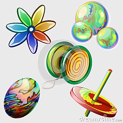 Pinwheel, bubbles, ball and other toys. Five items Vector Illustration