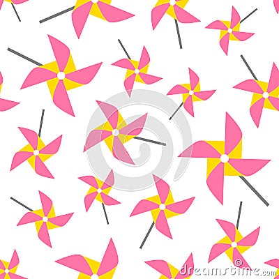 Pinwheel seamless pattern. Colorful paper toy windmills on white background. Vector Illustration