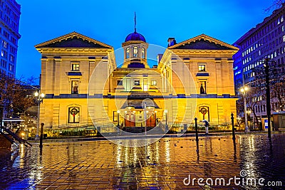 Pioneer Courthouse on a rainy winter night Editorial Stock Photo