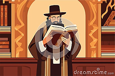 Pious jew prays in synagogue, reading torah, vector illustration, religion Vector Illustration