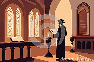 Pious jew prays in synagogue, reading torah, vector illustration, religion Vector Illustration