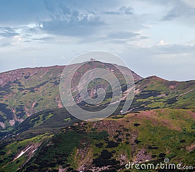 Pip Ivan mount and observatory and rhododendron flowers on slope Stock Photo