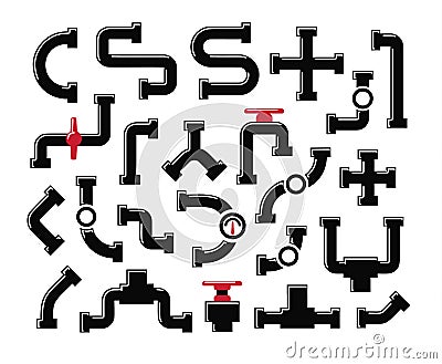 Pipe black icon set. Water supply unit, plumbing graphic elements. Pipes vector illustration. Pipeline design. Vector Illustration