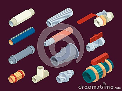 Pipe counters. Valves temperature and water measuring scale plumbing equipment steel counters garish vector isometric Vector Illustration