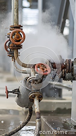 Pipe and faucets releasing large amounts of steam, a striking and dynamic visual effect. Stock Photo