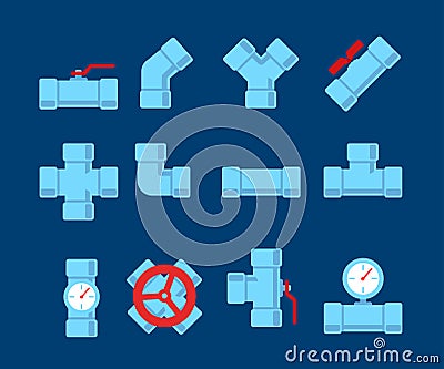 Pipe fitting vector set. Pipeline vector illustration. Pipe fitting for repair home. Gas pipe. Water pipe set. Sewerage vector il Vector Illustration