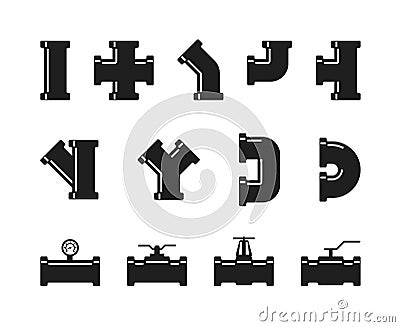 Pipe fittings, water tubes icons. Plumbing, construction pipeline, industrial drainage system vector set isolated Vector Illustration