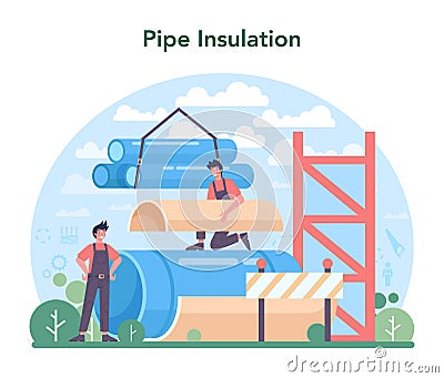 Pipe insulation concept. Thermal or acoustic insulation. Worker putting Vector Illustration