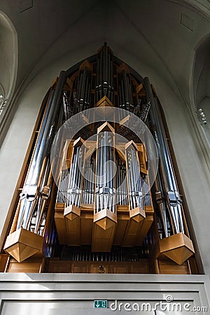 Pipe organ in Hallgrimskirkja Church in Reykjavik Editorial Stock Photo