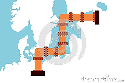 Pipe and pipline with fuel, gas and oil is going from Russia across Baltic sea to Germany Vector Illustration