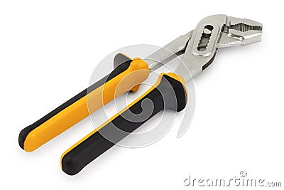 Pipe plumber wrench, tool for construction or industrial works, colored in black and yellow isolated on white background Stock Photo