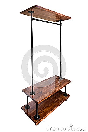Pipe rack for clothes hanging with wooden shelf isolated on white backgrouds Stock Photo