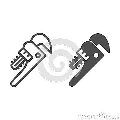 Pipe wrench line and solid icon, construction tools concept, plumber wrench tool vector sign on white background Vector Illustration