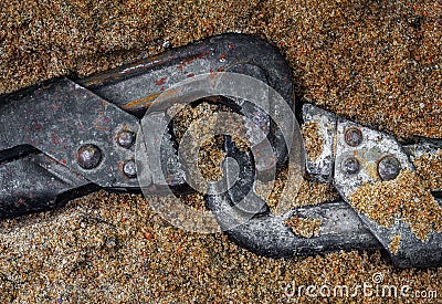 Pipe wrenchs, iron in sand Stock Photo