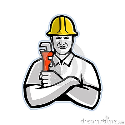 Pipefitter Holding Pipe Wrench Mascot Vector Illustration