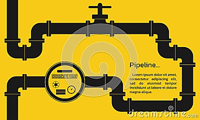 Pipeline background. Oil, water or gas pipe with valve, meter or counter. Plumbing system with gauge. Vector Illustration