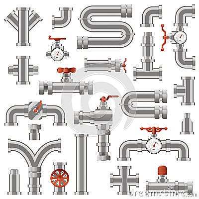 Pipeline construction. Water pipe sections, industrial tube pipes engineering, pipe construction with rotary knobs and Vector Illustration