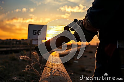 Worker Maintaining Pipeline Against Dramatic Sunset, generative ai Stock Photo