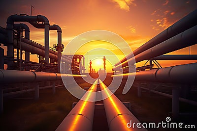 Pipeline and pipe rack of petroleum industrial plant at sunset. Generative AI Stock Photo