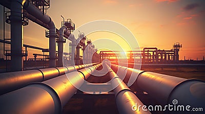 Pipeline and pipe rack of petroleum industrial plant at sunset. Generative AI Stock Photo
